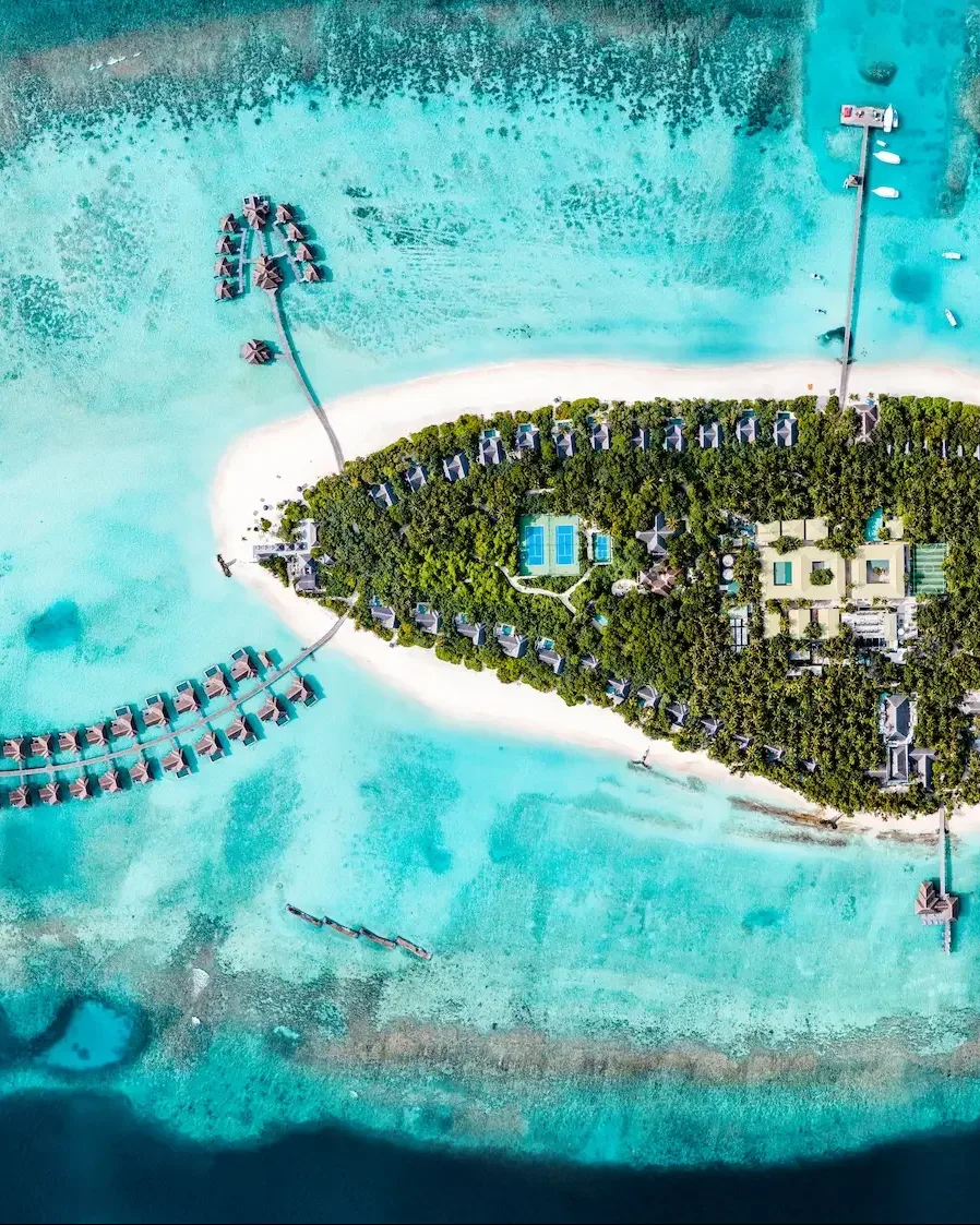 Aerial view of Vakkaru Maldives and its water villas